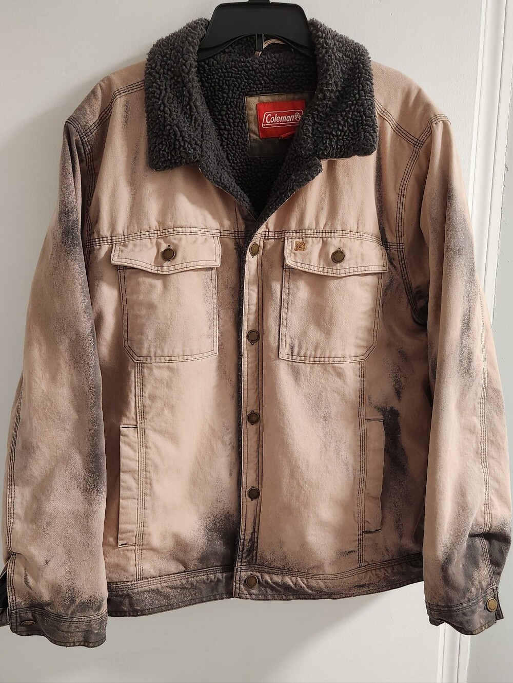 Coleman Tan Work Jacket with Dark Gray Sherpa Lining And Black Bleach Stains,xl